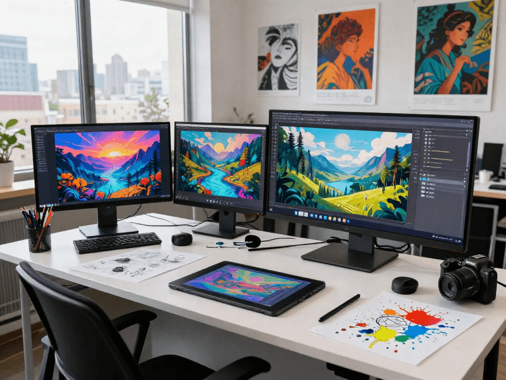 Digital artist creating vibrant NSFW AI art in a modern workspace.