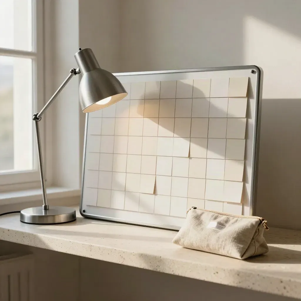 Magnetic planning board, lamp and linen memo pouch on a pale shelf in warm morning light