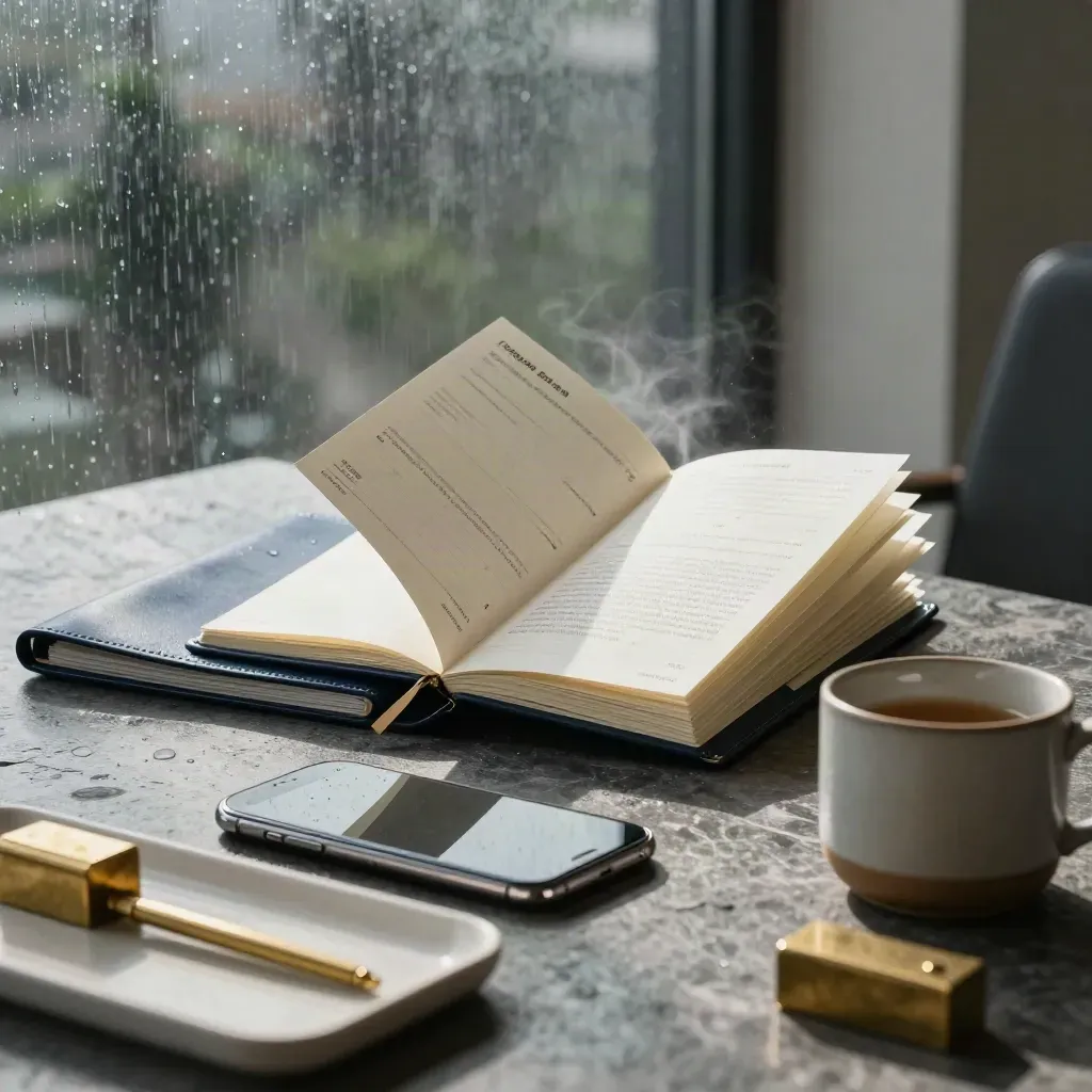 Layered consulting desk with planner, folio, mug, phone and brass paperweight in rain-lit shadow.