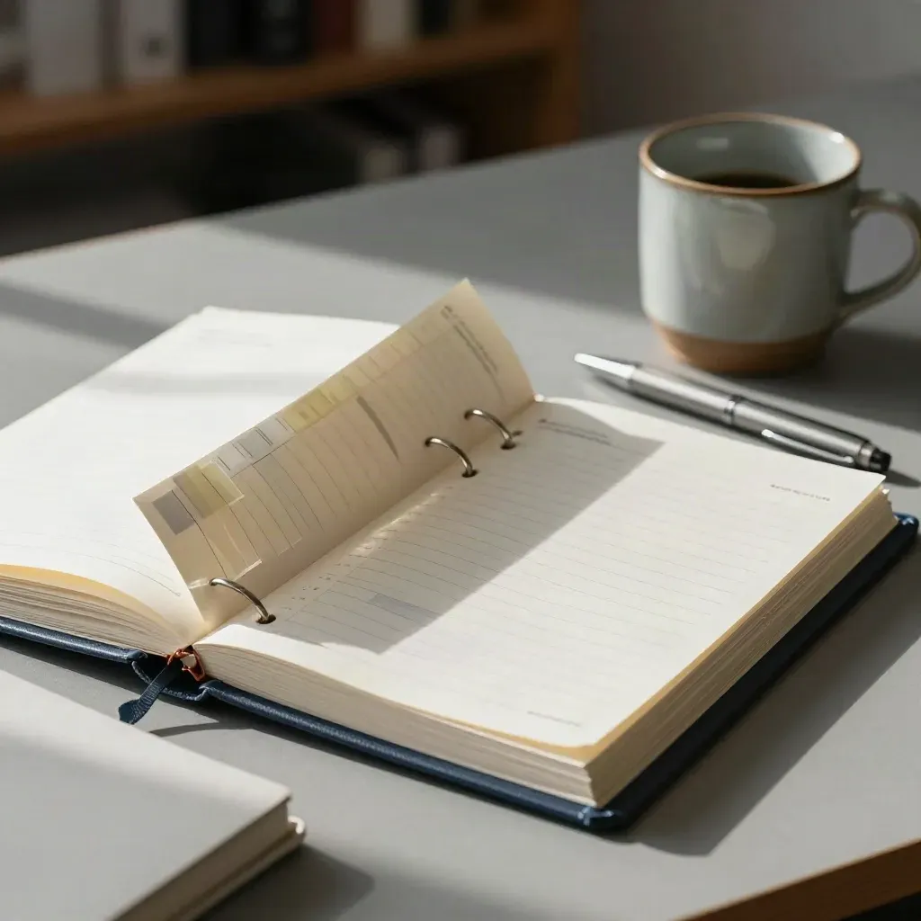 Open project binder with tabs, timelines, silver pen and stone mug on a cool desk in daylight