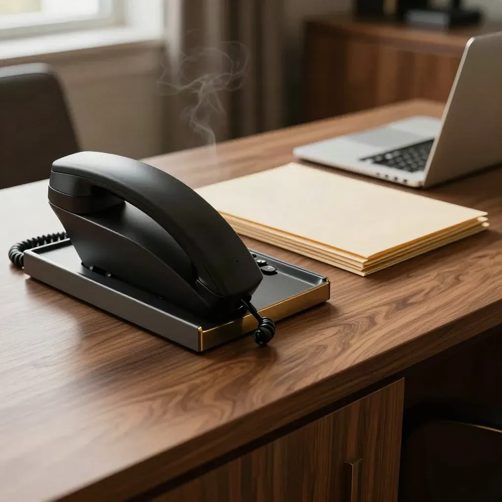 Desk phone, inbox tray, folders and shut laptop in warm window light on a consulting sideboard.