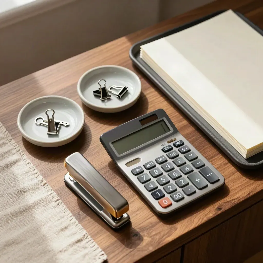 Top-down flat lay of admin tools on a walnut sideboard in warm afternoon light.
