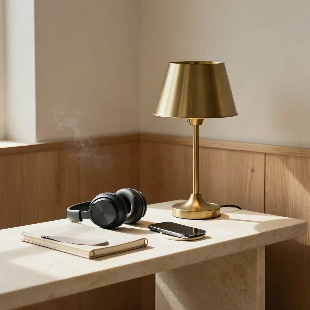 Headset, lamp, notebook and phone on a pale console in soft window light.