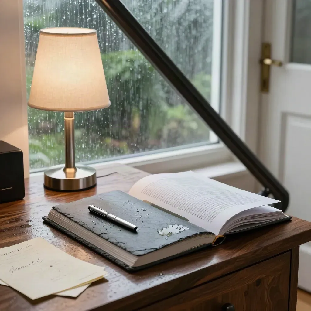 Rain-damp front-room desk with open journal, lamp glow, folded letter and rainy window.