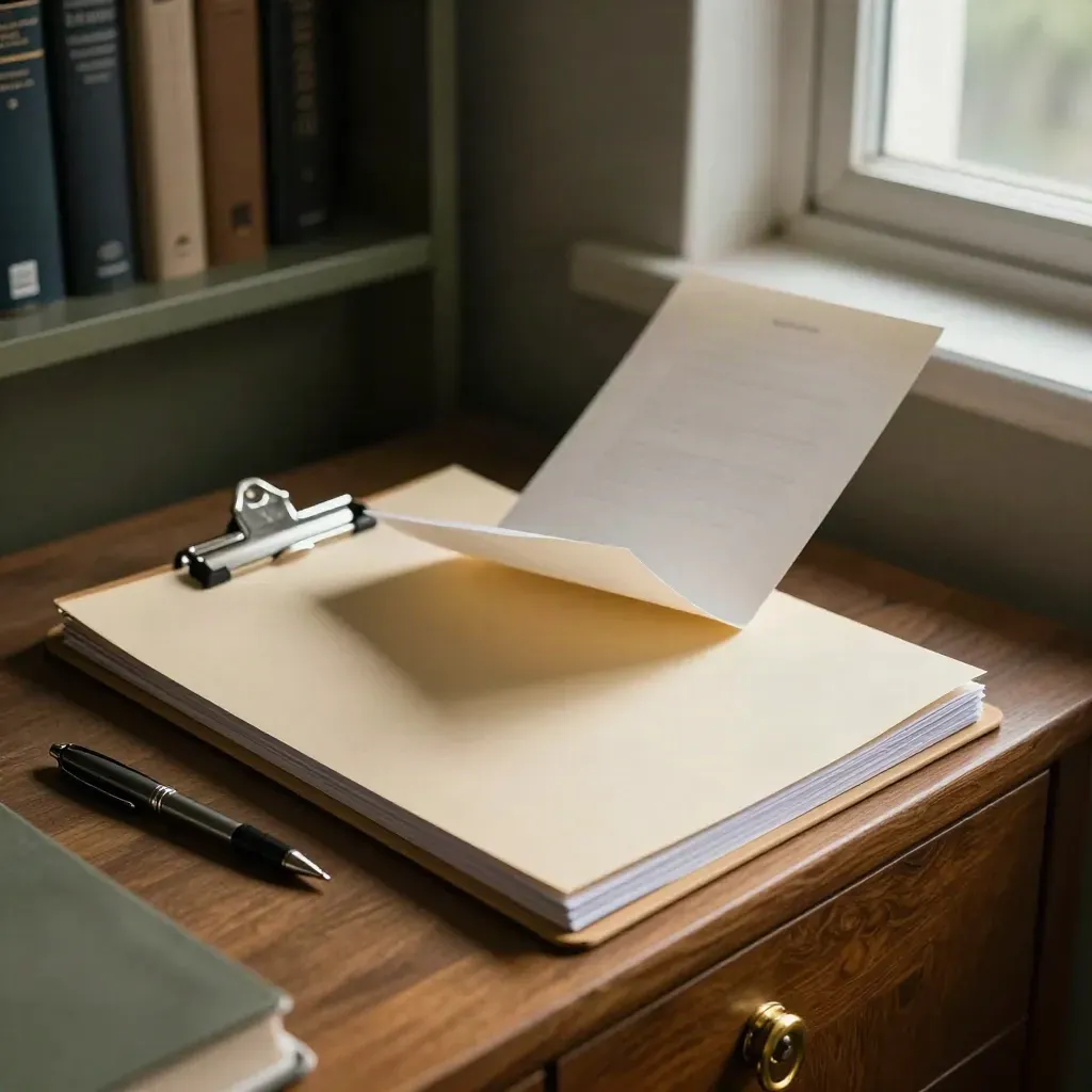 Tabbed folder stack and face-down review sheet caught mid-sift in a window draft