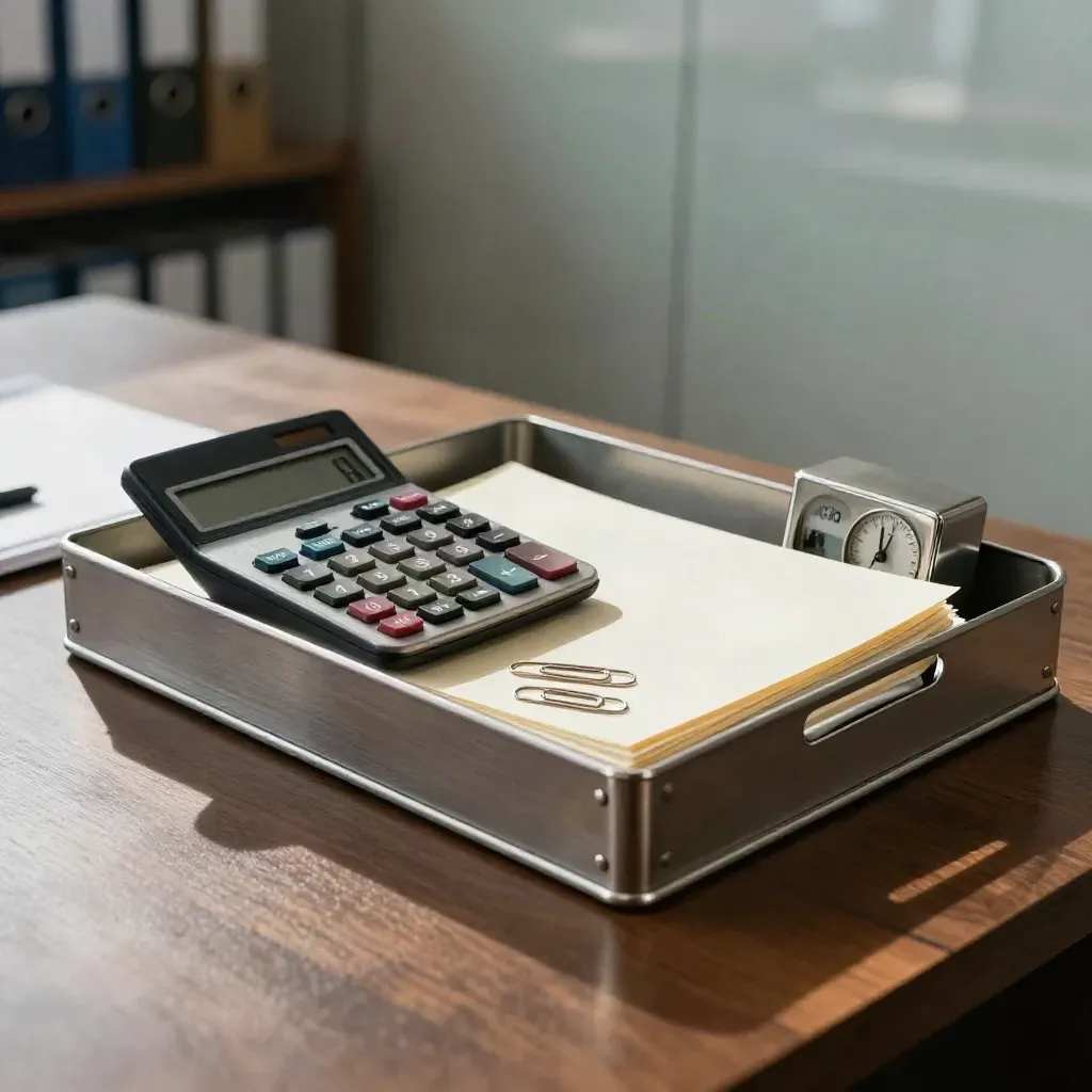 Calculator, inbox tray, clips and timer on a dark desk in a structured consulting workspace.