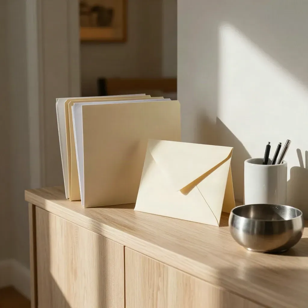 Folders, sealed envelope, and pen cup on an entry console in warm morning light