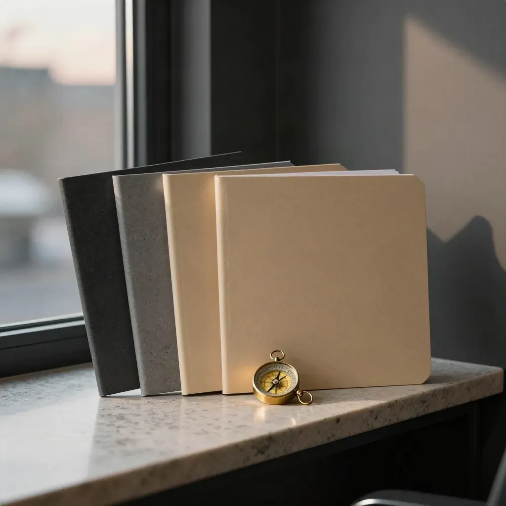 Four region folders and a brass compass on a stone ledge in cool evening light