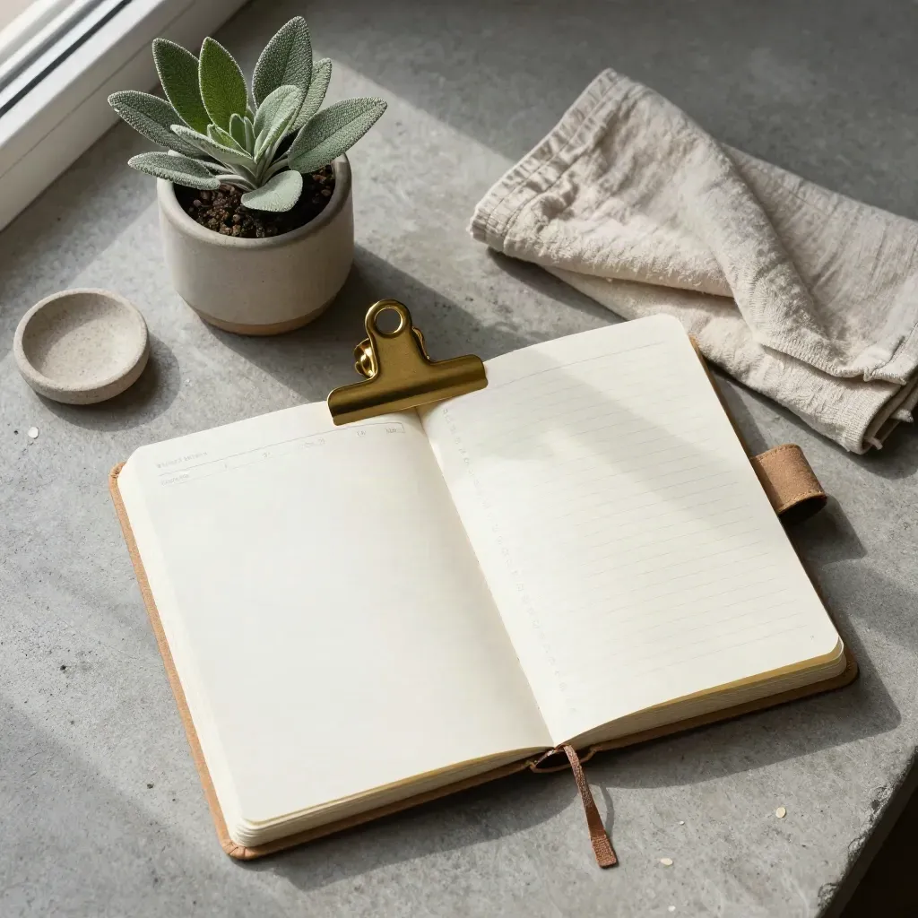Overhead planner notebook with brass clip, plant, linen cloth and ceramic dish on concrete.