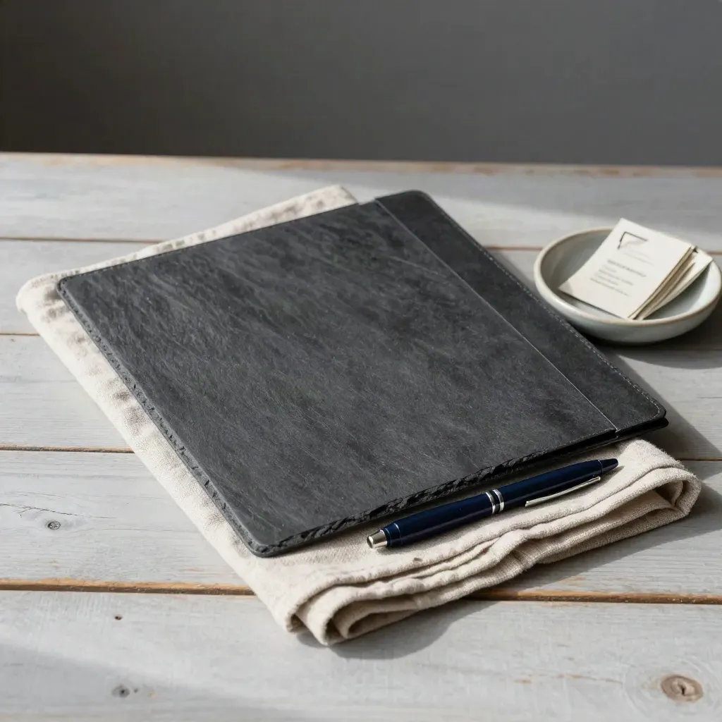 Charcoal document folder, linen cloth and ceramic dish on pale wood, lit by cool daylight.