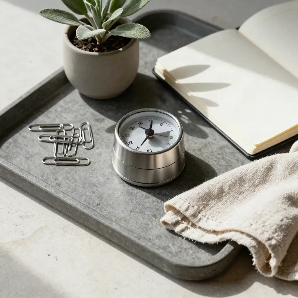 Top-down stone tray with timer, clips, notepad, plant and cloth on limestone.