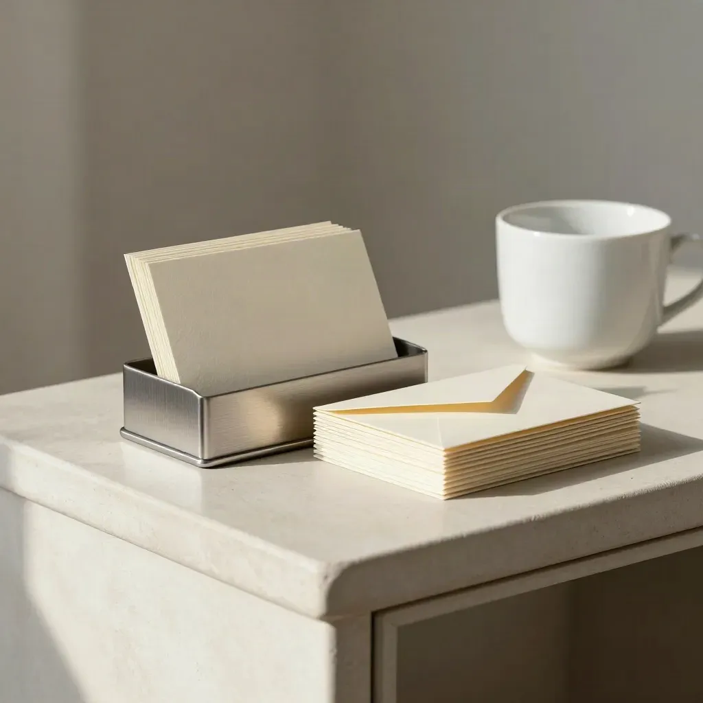 Note card holder, envelope stack and ceramic cup on a pale console in soft daylight.