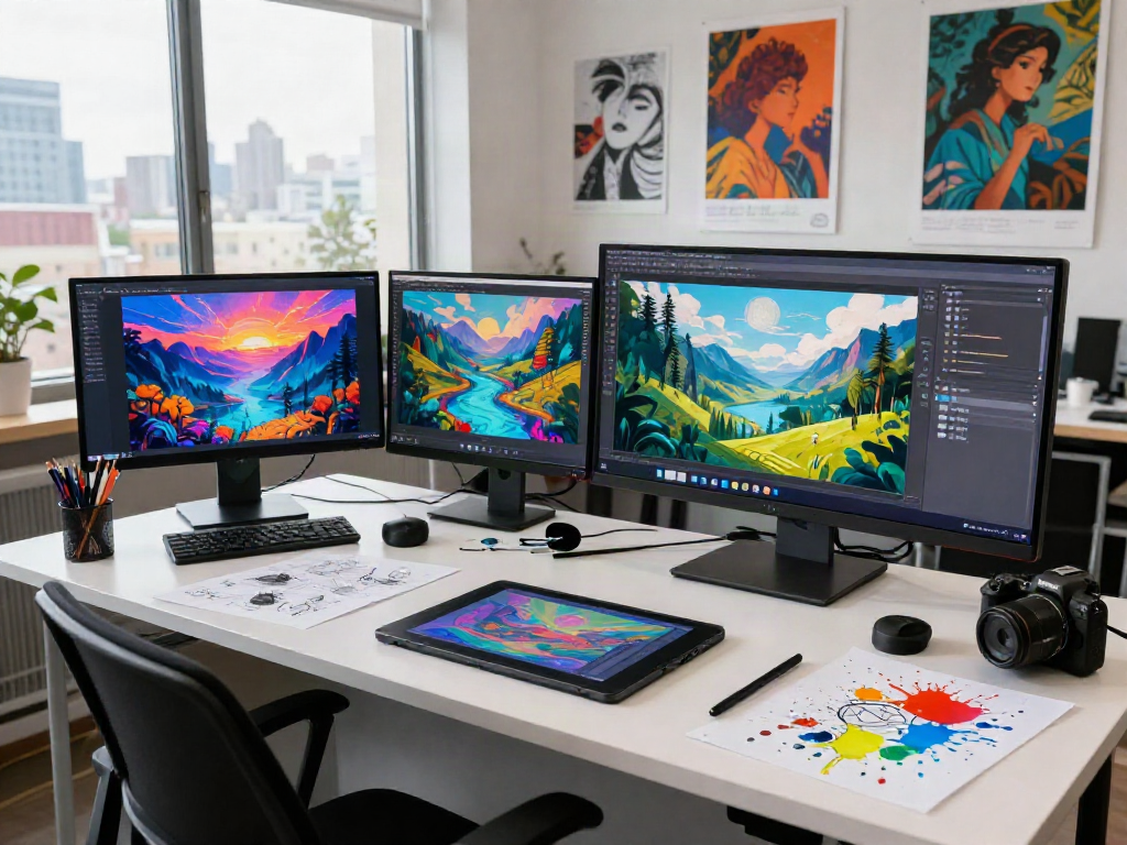 Digital artist creating vibrant NSFW AI art in a modern workspace.