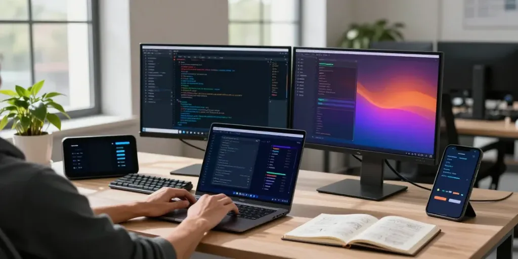 Developer implementing instant indexing in a modern tech workspace.