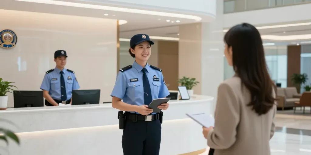 Trusted provider of Security Services, professional guard in corporate lobby.